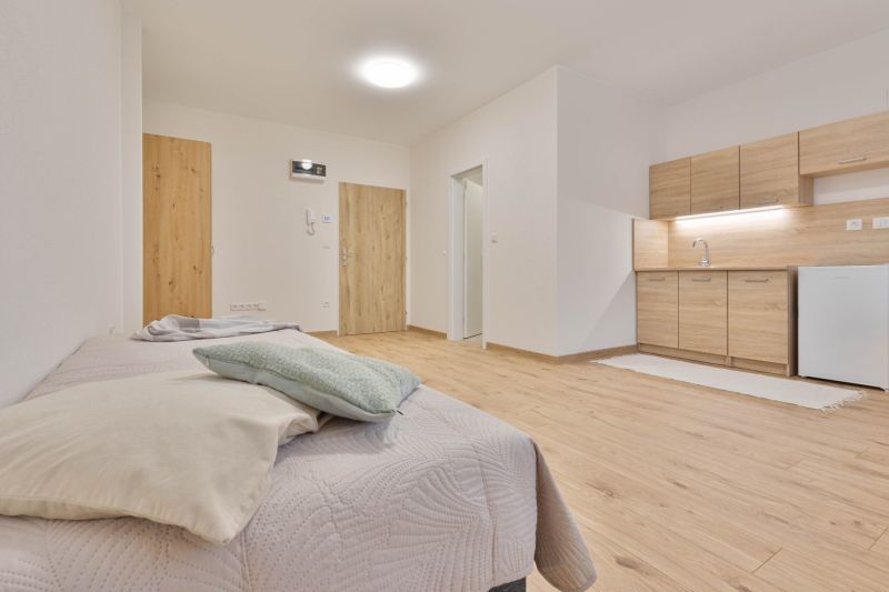 A studio apartment with a wood-patterned floor, a kitchen unit, and a bed in light tones.