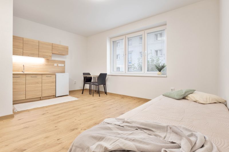 Studio apartment with a kitchenette, bed, and dining table, floor with wood decor.