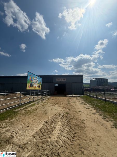 In Hniezdne, a building with a hall for a horse exhibition on a sunny day.