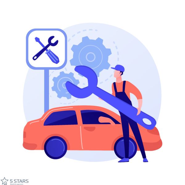Mechanic in overalls with a huge wrench by a car and a service board.