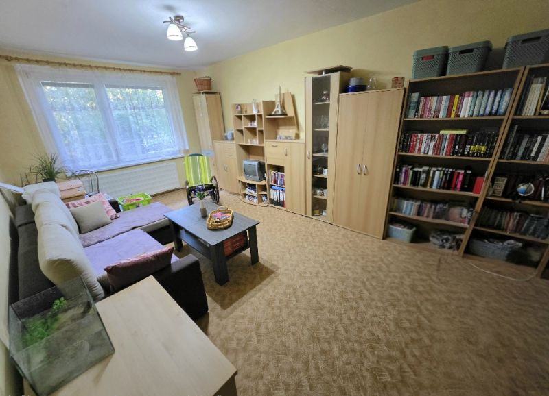 Living room in a 4-room apartment with a large sofa, table, and bookshelf.