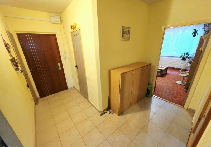 Entrance hall in a 4-room apartment with entrance doors and storage furniture.