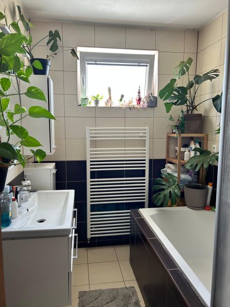 Bathroom in a 3-room apartment with a bathtub, plants, and a small window.