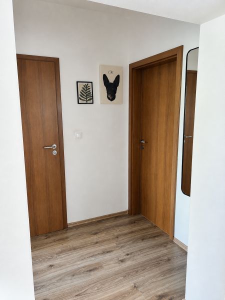 A hallway in a 3-room apartment with a wooden decor floor and wooden doors.