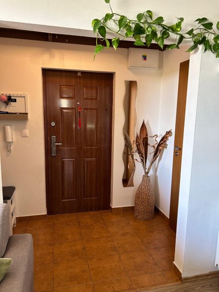Entrance hallway with a plant and wooden decor in a 3-room apartment.