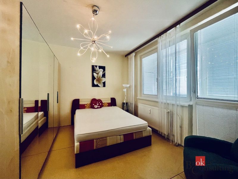 A studio apartment bedroom with a mirrored wardrobe, a bed, and large windows.