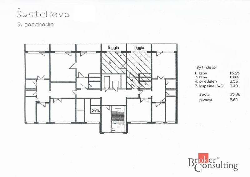 Floor plan of a studio apartment in Bratislava-Petržalka on Šustekova Street, 9th floor, with two loggias.