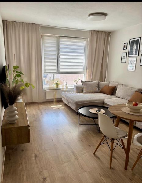 A bright living room in a 2-room apartment with a comfortable sofa and a wooden decor floor.