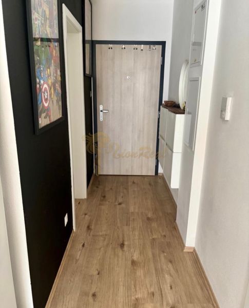 A hallway in a 2-room apartment with a wooden decor floor and doors in a wood decor.