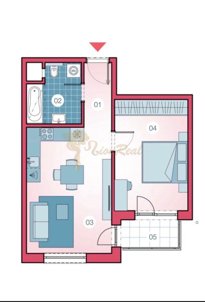 The floor plan of a 2-room apartment includes a bathroom, kitchen, living room, bedroom, and balcony.