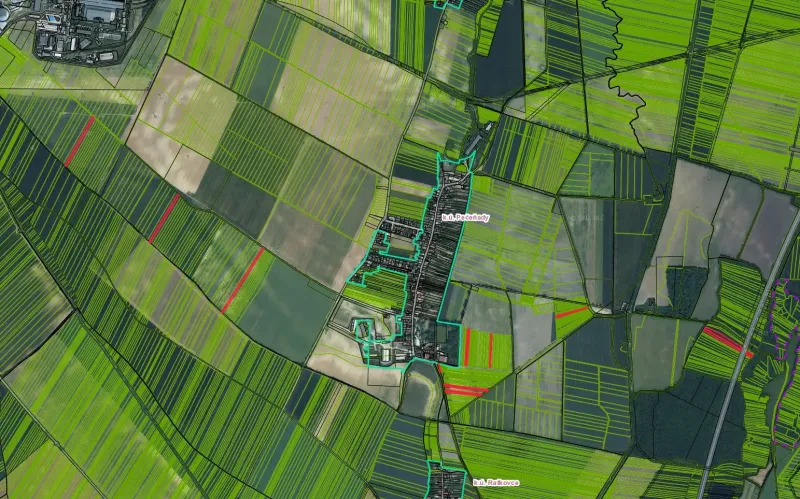 Aerial view of agricultural and forest lands around Pečeňady.