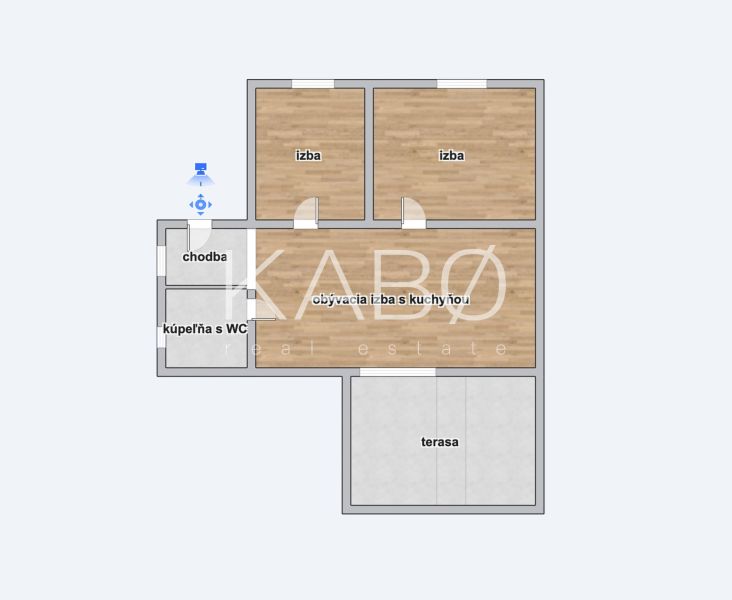 The floor plan of the family house with a terrace includes two rooms, a bathroom, and a kitchen.