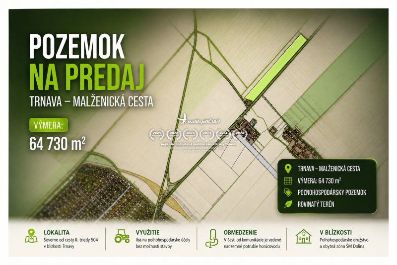 Offer for sale of agricultural land on Malženická cesta in Trnava, area of 64,730 m².