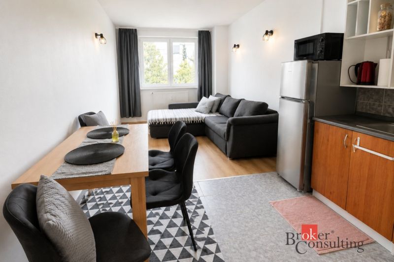 Living room in a two-room apartment with a sofa and a wooden decor floor.