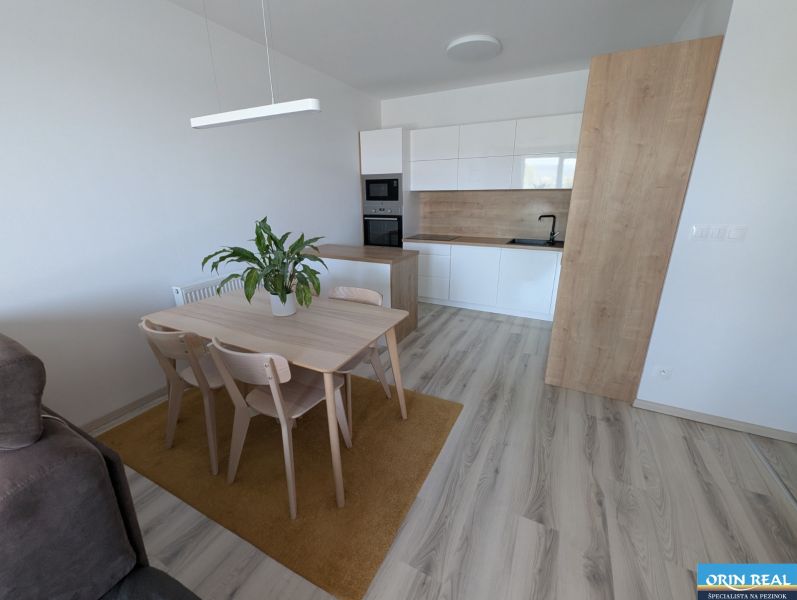 Kitchen and dining area in a 2-room apartment with a wooden decor floor.