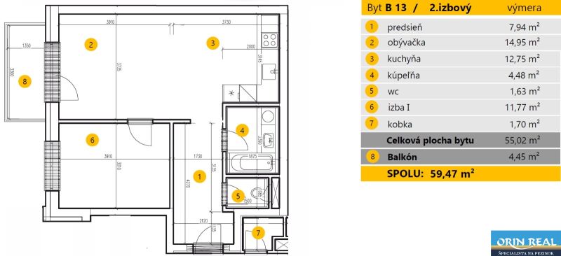 Floor plan of a 2-room apartment, containing a kitchen, a room, and a balcony on Mahulanka in Pezinok.