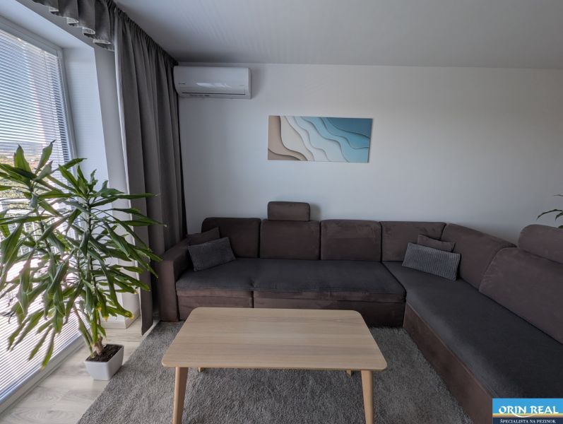 Living area with a large sofa, table, plant, and wall-mounted air conditioning in a 2-room apartment.