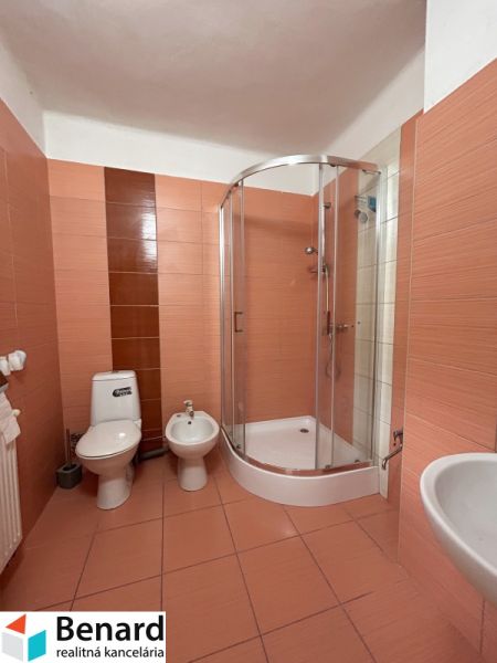 Bathroom in a family house: shower, toilet, bidet, tiles in warm tones.