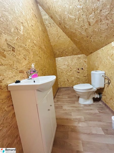 The interior of a bathroom in a family house with a wooden decor floor and OSB boards.