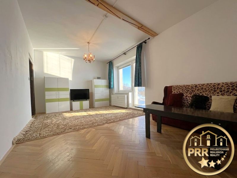 Living room in a two-room apartment with a wooden decor floor and carpets.
