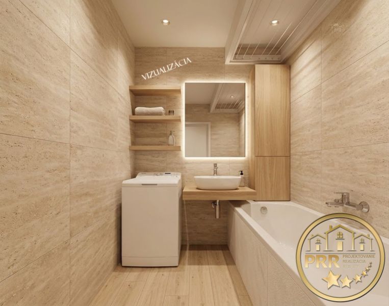 Elegant bathroom in a two-room apartment with a wooden decor floor.