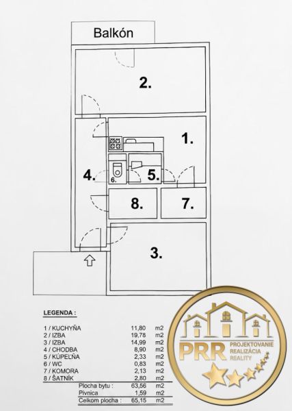 Floor plan of a 2-room apartment with a balcony, kitchen, and closet on 65.15 m².