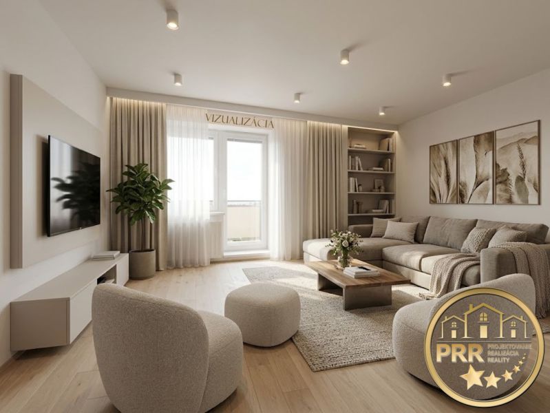 Living room with wood-patterned flooring, a comfortable sofa, and modern furnishings.