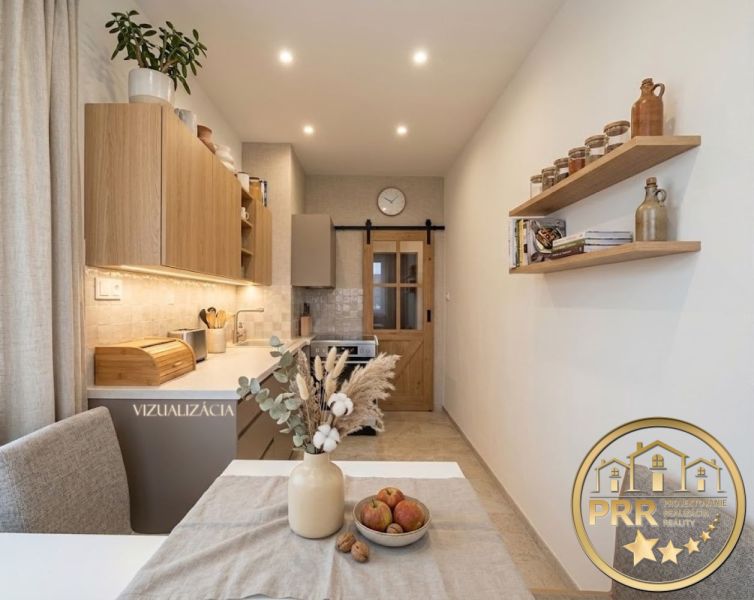 A kitchen in a 2-room apartment with wooden details and decorations on the shelves.