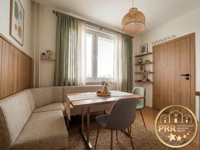 Dining nook with a corner bench and table in a 2-room apartment, interior with wood decor.