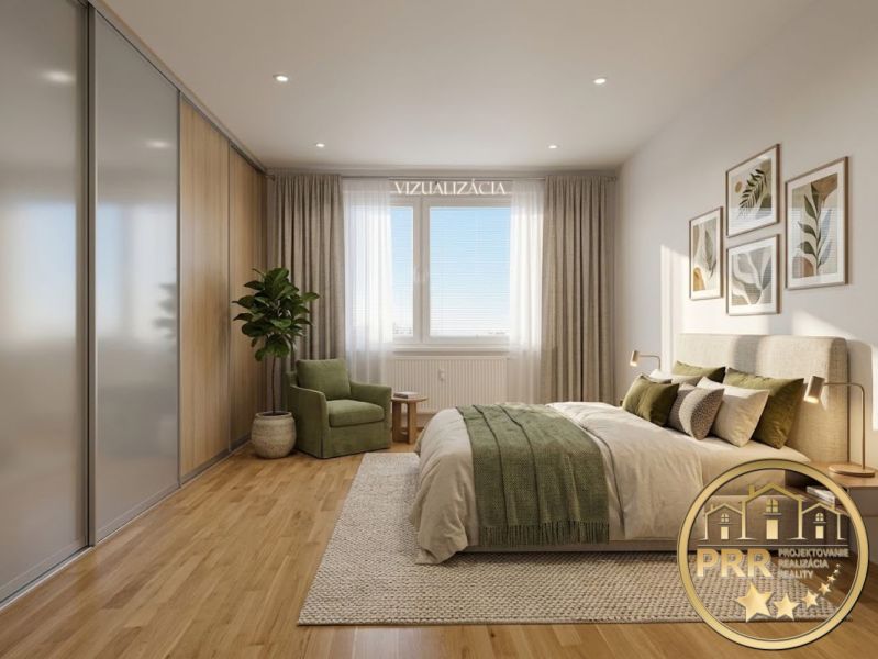 Bedroom in a 2-room apartment with wood-patterned flooring and a plant.
