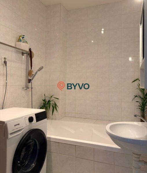 A bathroom with a bathtub, washing machine, and plants in a 2-room apartment.