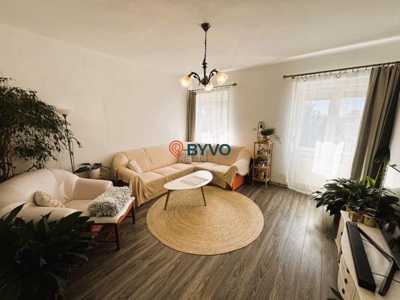 Bright living space in a two-room apartment with a wooden decor floor.