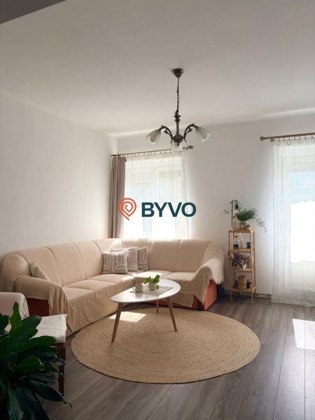 Living room with wood-patterned flooring, beige sofa, and round carpet.