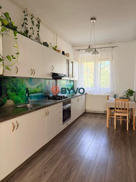 Bright kitchen of a 2-room apartment with wood-patterned flooring and plants.