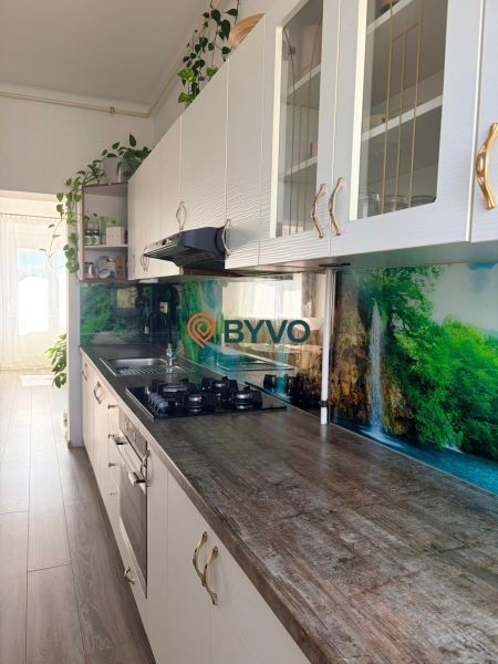 A kitchen in a 2-room apartment with a wooden decor floor and a forest motif on the wall.