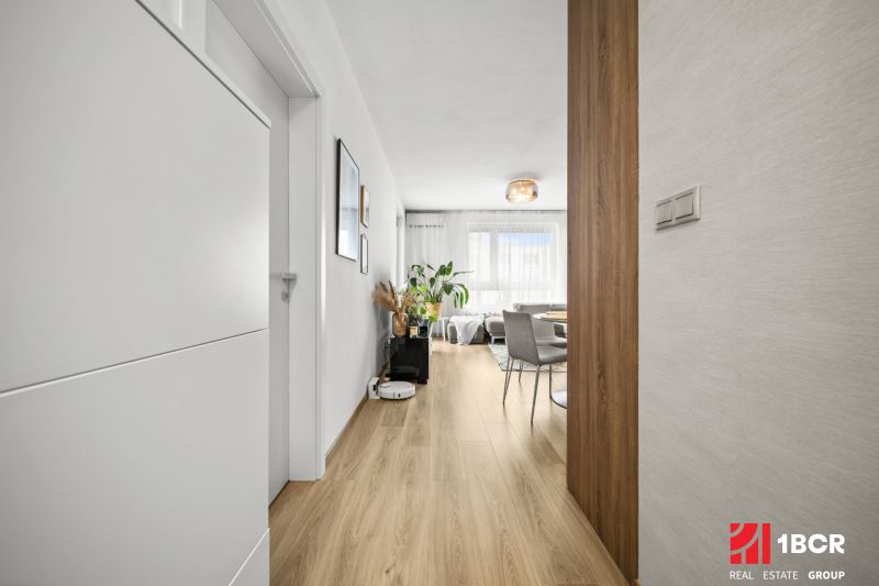 A hallway with a wooden decor floor leading to the living room in a two-room apartment.