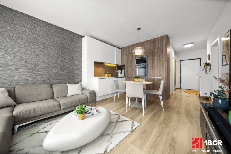 Living room in a two-room apartment with a sofa and a kitchenette, wooden decor flooring.