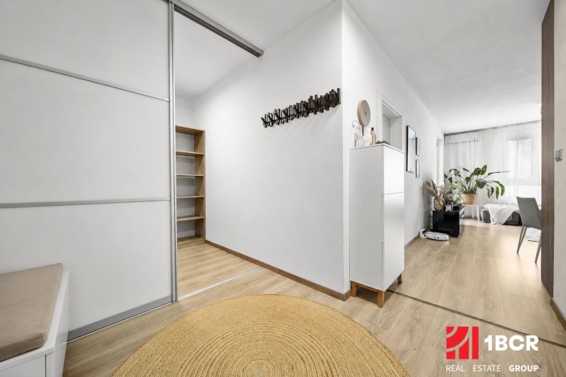 Interior of a 2-room apartment with a wooden decor floor, plants, and practical furniture.