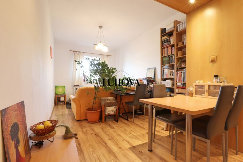 Living room with wood-patterned flooring, a sofa, a table, and a bookshelf in a two-room apartment.