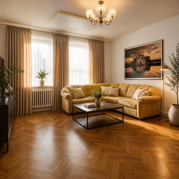 Living room in a family house with a comfortable sofa and a wooden decor floor.