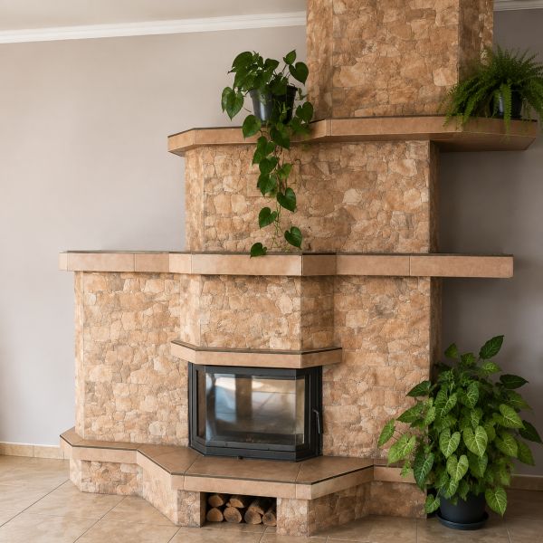 Stone fireplaces in a family house, decorated with plants, create a cozy atmosphere.