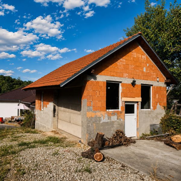 A family house in Šalgočka with an unplastered brick facade and a sloped roof.