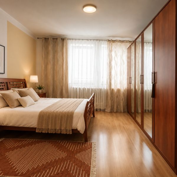 A bedroom in a family house with wooden furniture and a floor with a wooden decor.