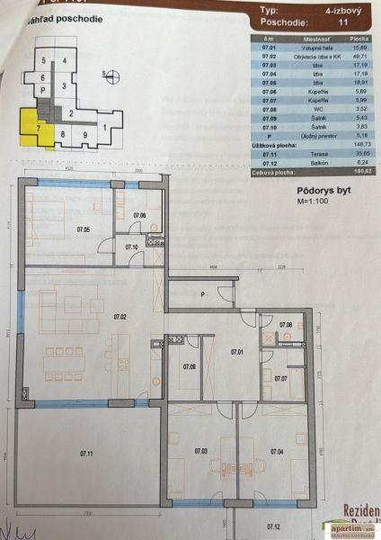 Floor plan of a 4-room apartment with a terrace and a balcony, various rooms.