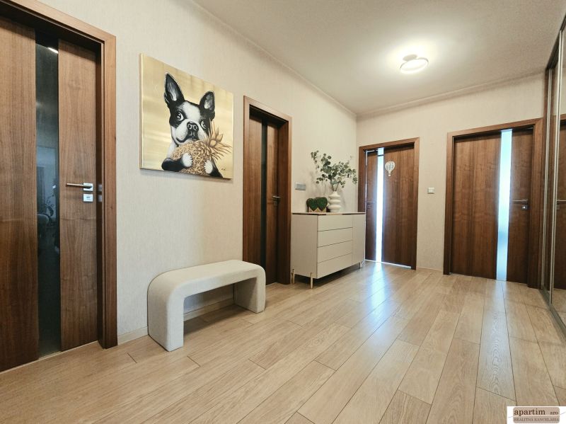 A hallway in a 4-room apartment with a picture of a dog, wooden floor decor, and furniture.