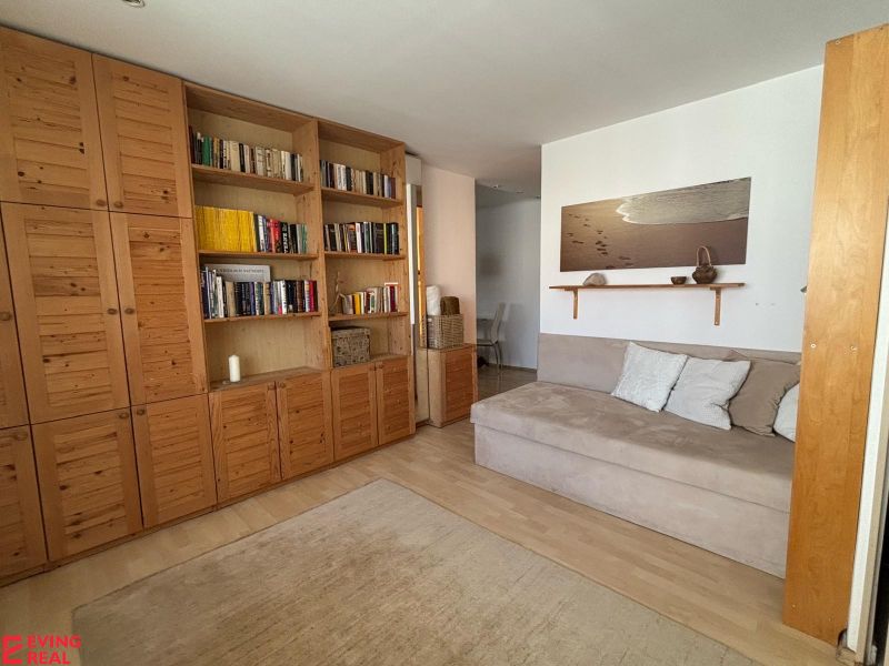 Living room in a studio apartment with a bookshelf and a sofa, wooden decor flooring.