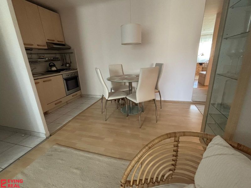 Kitchen and dining area in a studio apartment with a wooden decor floor.