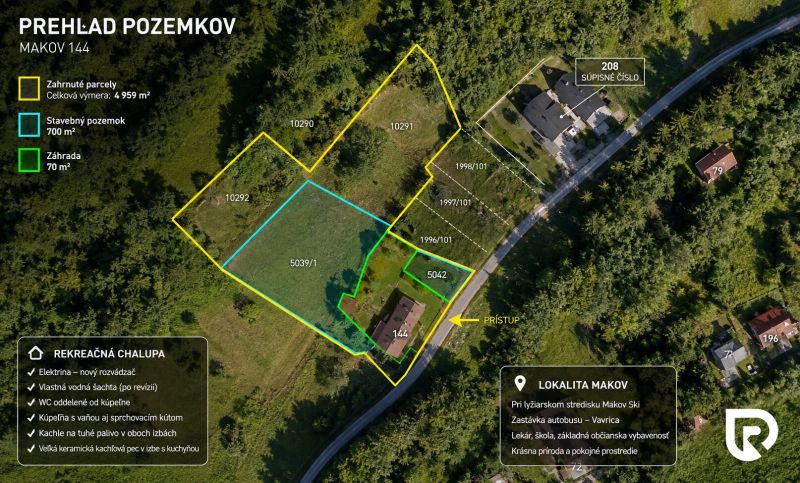 Overview of plots in the village of Makov, Čierne Street, with a recreational cottage and a building plot.