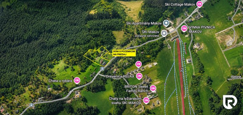 Aerial view of a Family house for sale in Makov on Čierne street surrounded by greenery.