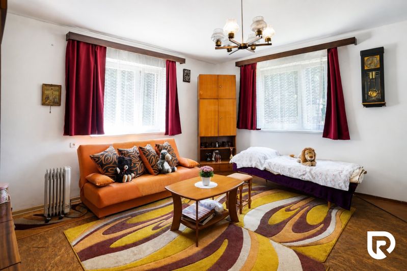 Living room in a family house with an orange sofa, a carpet with a colorful pattern, and wooden decor.